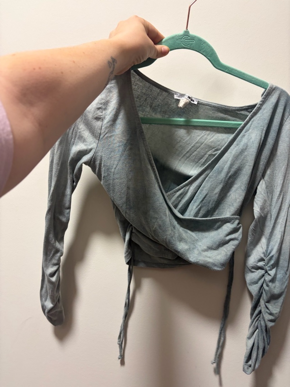 Fashion Nova Sage Green Wrap Crop Top with Ruched Sleeves